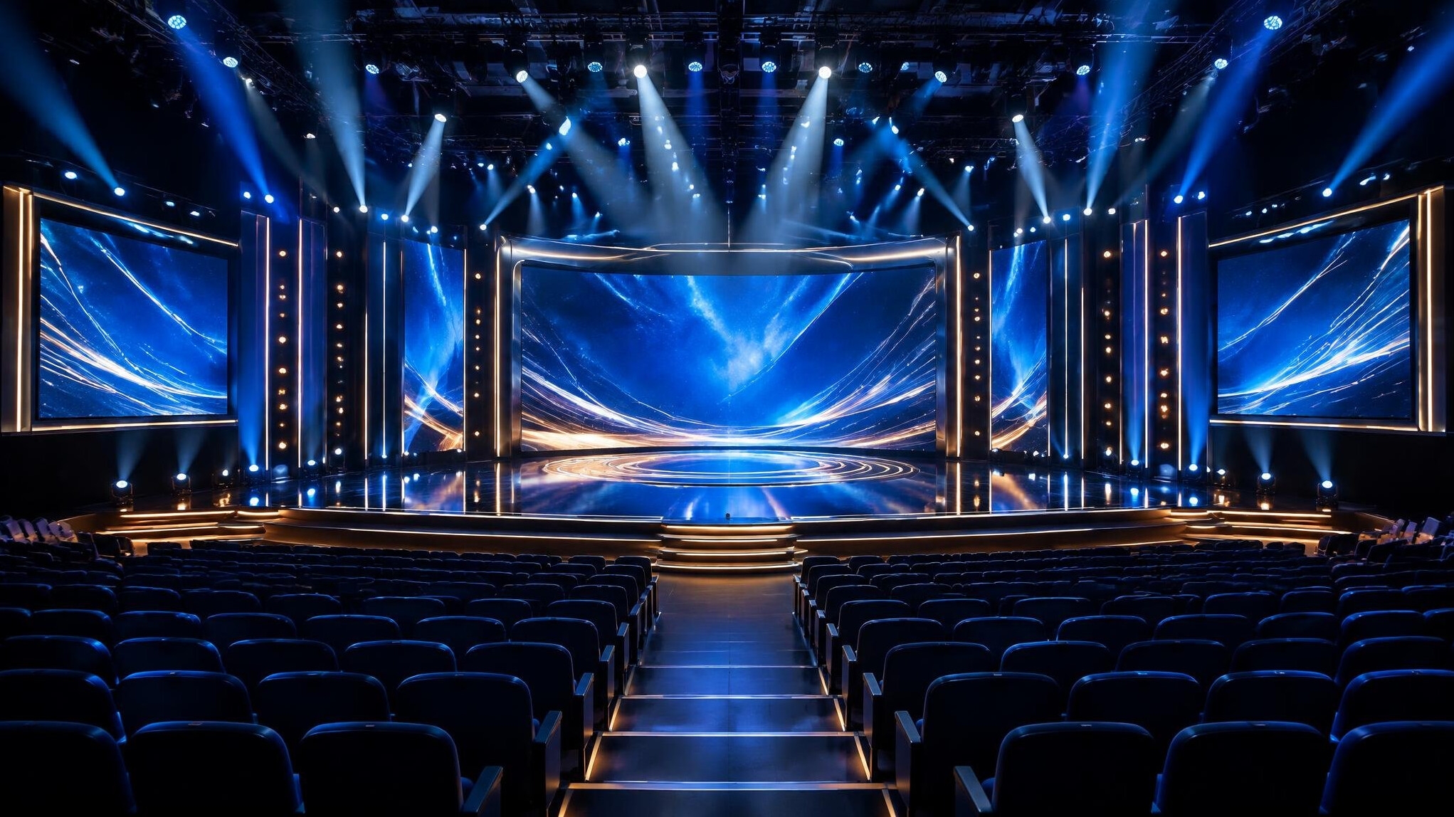 Large stage with bright lights facing an audience