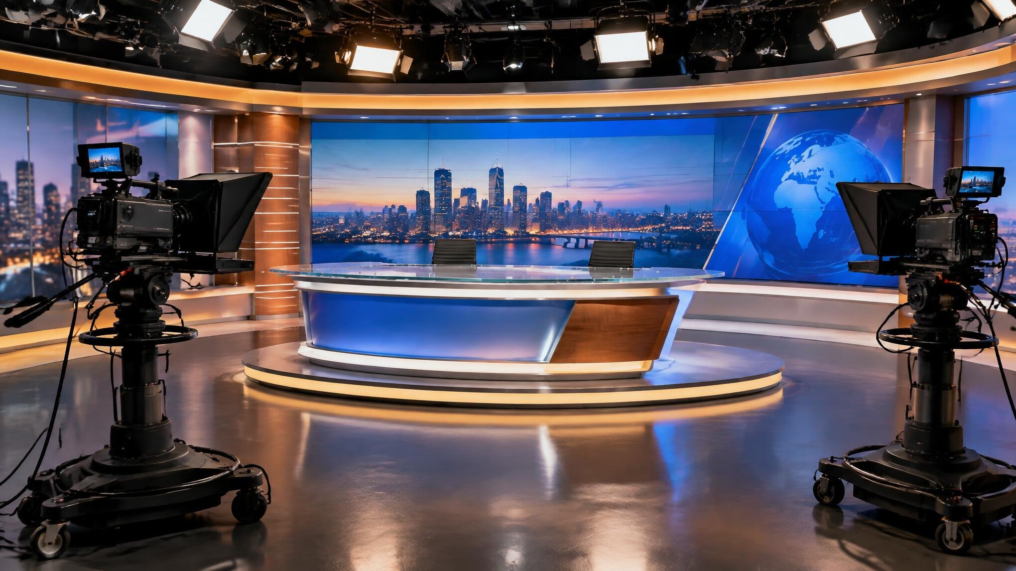 Empty live television studio with cameras and lights